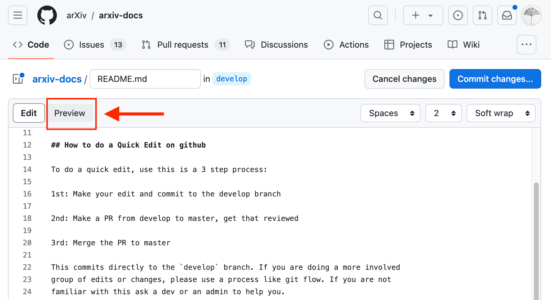 Screenshot of the location of the preview button on the edited page in Github