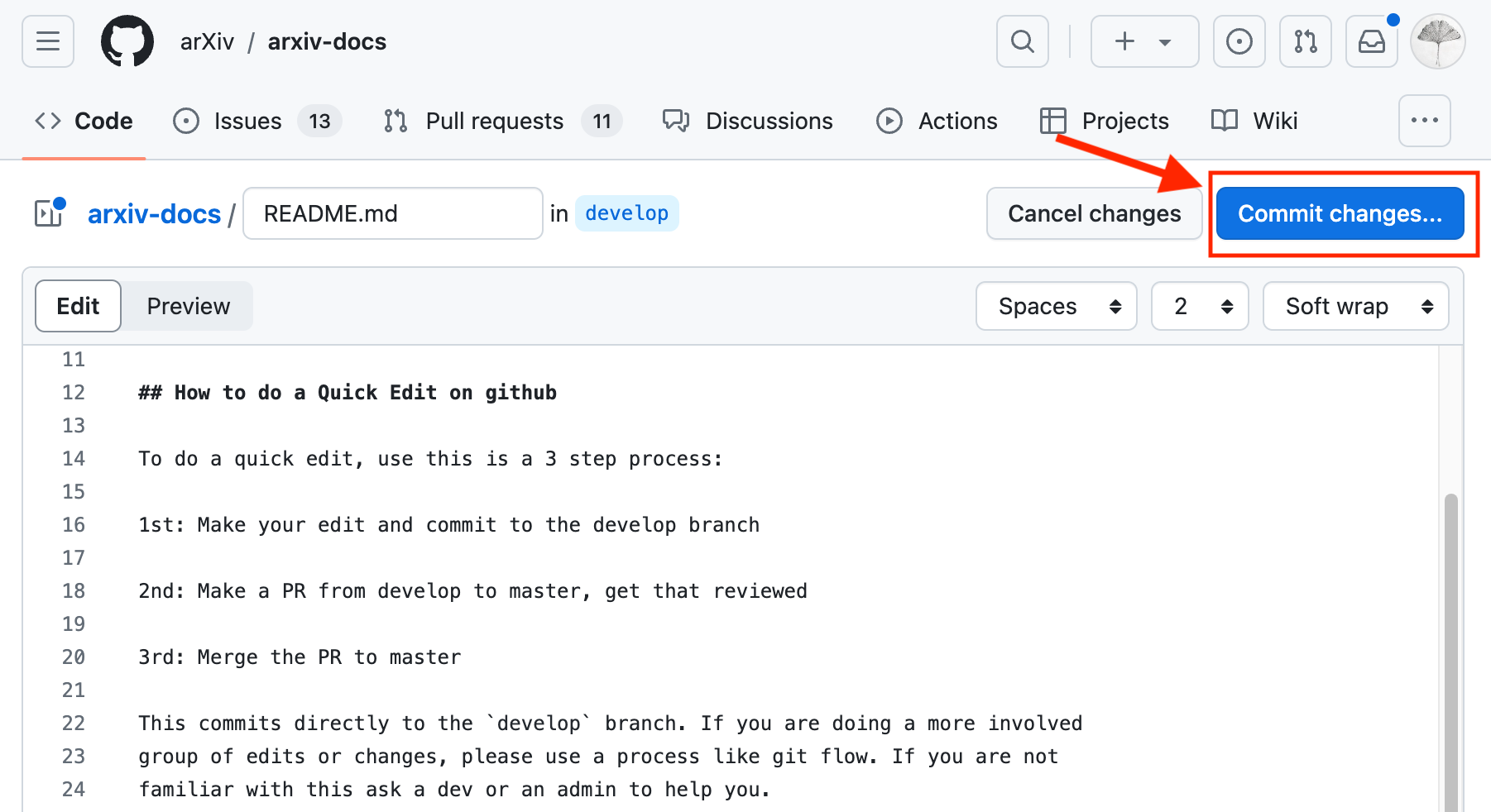 Screenshot of the location of the commit button on the edited page in Github
