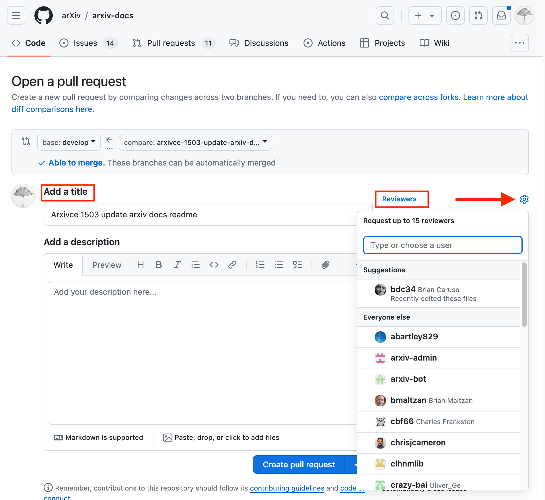Screenshot of how to select reviewers of your PR and create the PR in Github