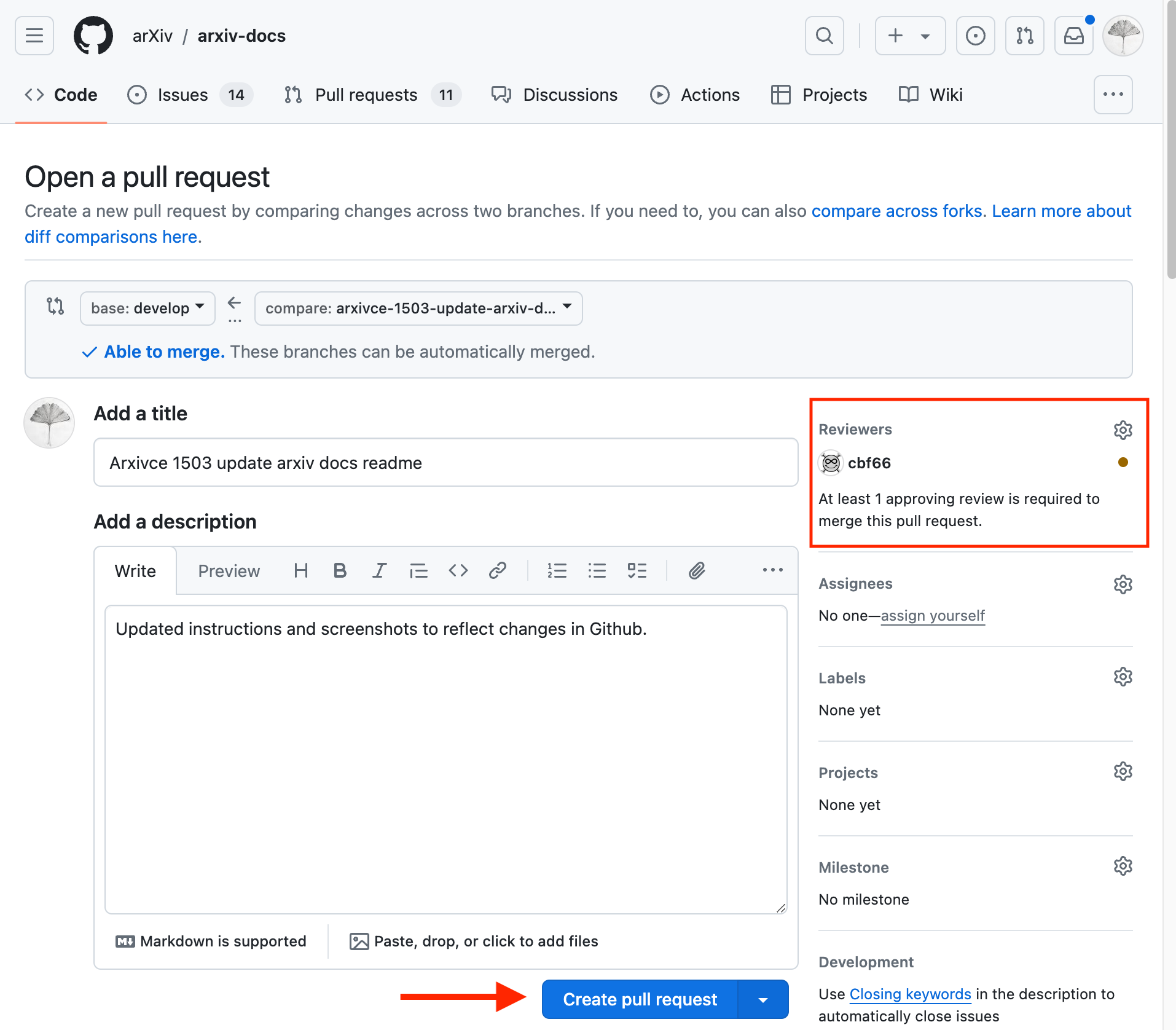 Screenshot of the location of the create pull request button in Github