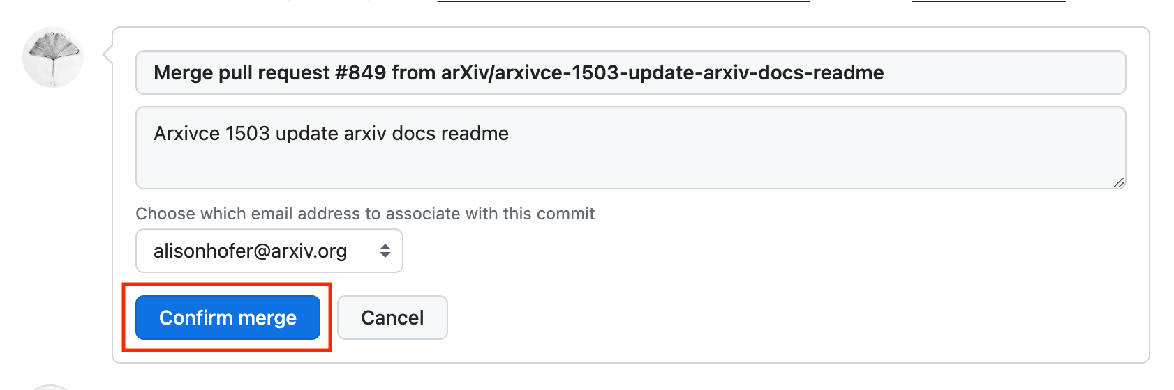 Screenshot of how to confirm merging your PR in Github