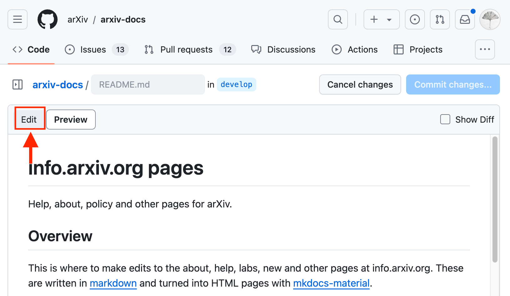 Screenshot displaying the preview of your edits in Github