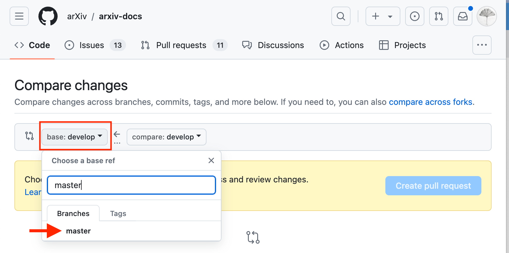 Screenshot how to compare changes in the pull request in github