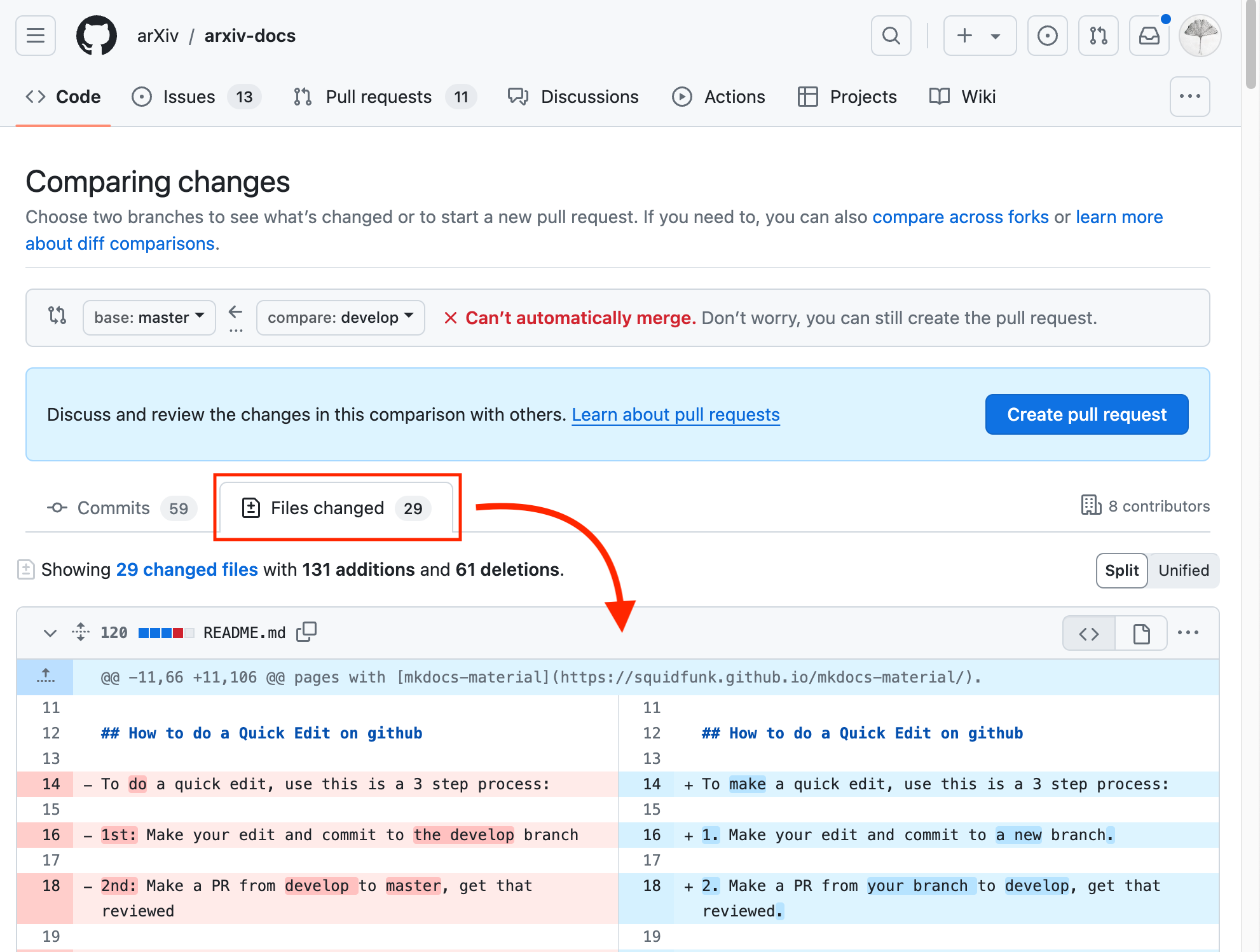 Screenshot how to compare changes between the develop branch and the master branch in github