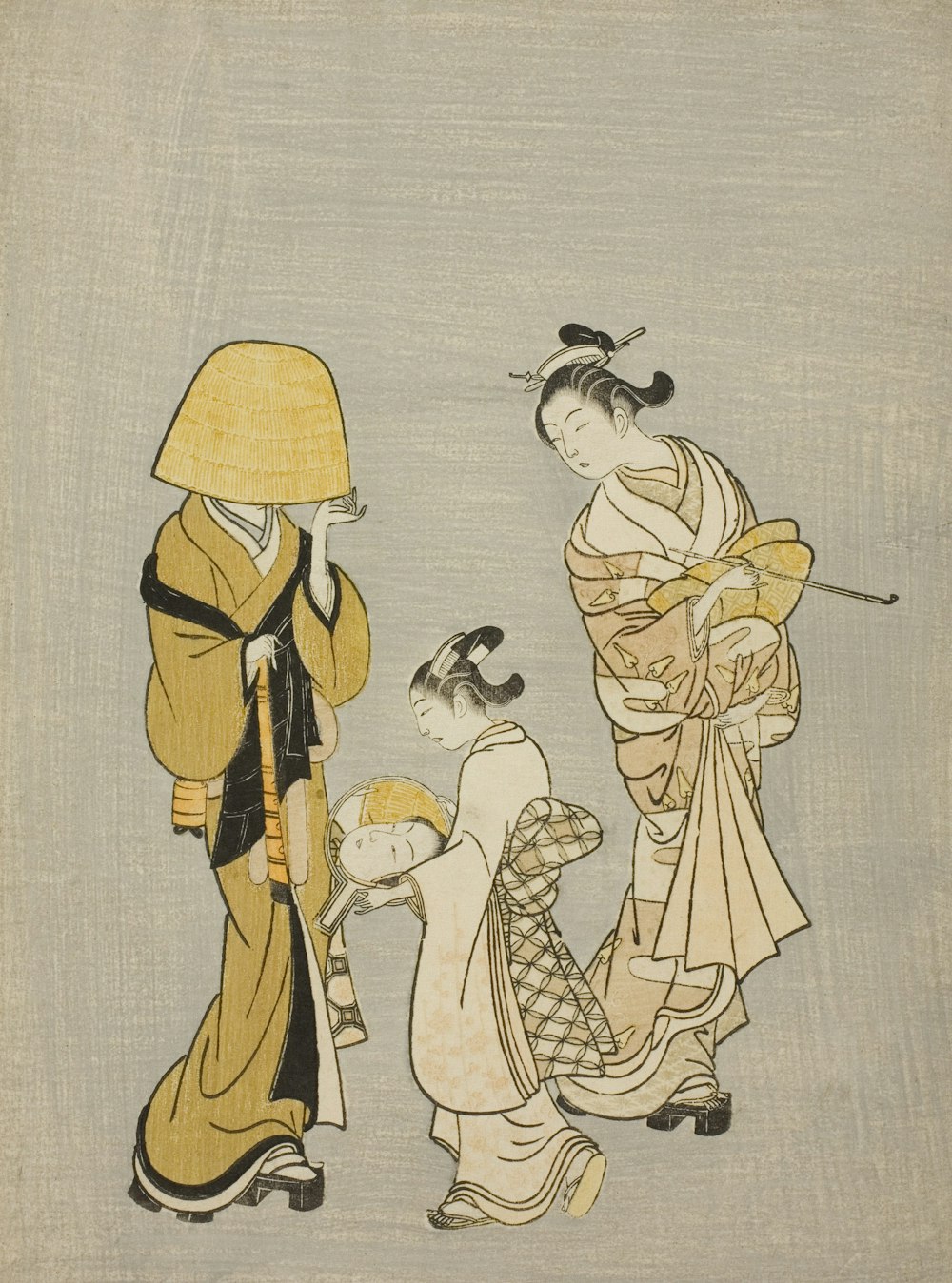 a painting of three women dressed in traditional japanese clothing