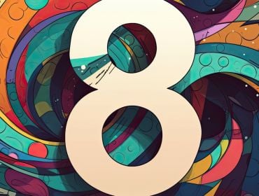 The number eight against a brightly coloured graphic paint swirl background.
