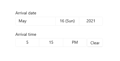 A date picker, time picker, button, and text label.