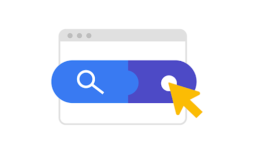 Illustration of a yellow mouse cursor hovering over a button with a white dot and dark blue background positioned beside a button with a white magnifying glass and a light blue background. A grayed-out browser window sits behind the buttons as the backdrop.