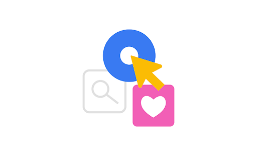 Illustrated graphic of a yellow mouse cursor hovering over a white dot with a blue border juxtaposed with icons featuring a white heart with a hot pink background, and a gray magnifying glass with a gray border.