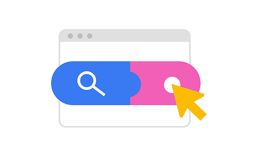 Illustrated graphic of a yellow mouse cursor hovering over a button with a white dot and hot pink background sitting to the right of a button with a white magnifying glass and a blue background. In the background, a grayed-out browser window.