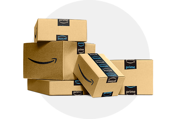 Image of stacked Amazon cardboard delivery boxes of different sizes with grey circle background