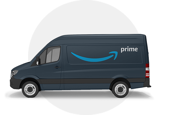 Image of dark blue Amazon delivery vehicle with grey circle background