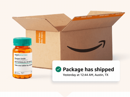 An open Amazon Pharmacy package with prescription bottle, with an animated card showing the tracking history