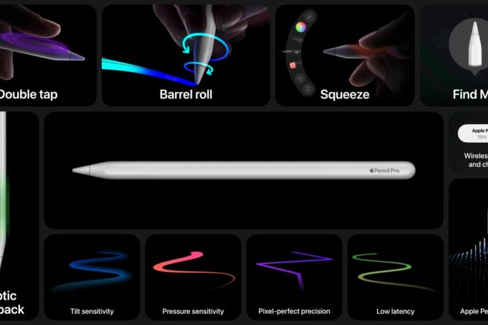 A screenshot from Apple's "Let Loose" event showcasing the capabilities and features of the new Apple Pencil Pro stylus.
