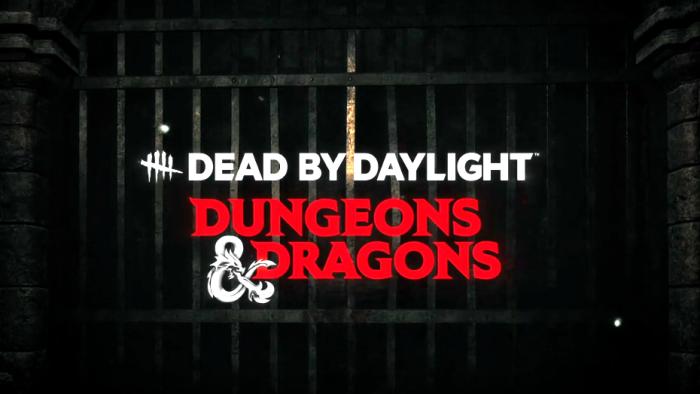Dead by Daylight and Dungeons and Dragons crossover logo. A metal gate is behind the text.