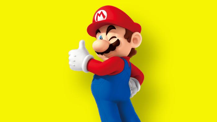 Nintendo's Mario winking with a thumbs up as he faces the camera. Yellow background with subtle drop shadow.