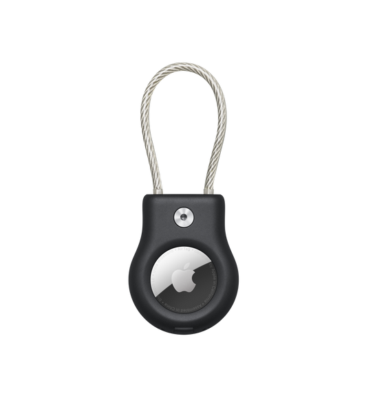 Belkin Secure Holder med vajer i svart, med AirTag på plats, med Apples logotyp synlig.