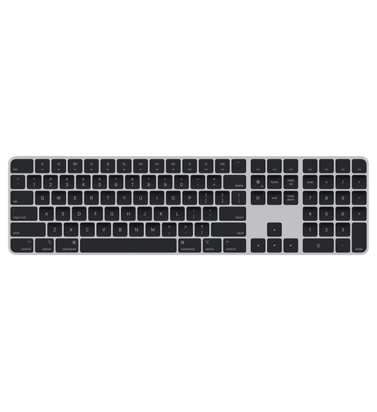 Magic Keyboard mit Ziffernblock in Schwarz, mit Pfeiltasten in umgekehrter T-Anordnung und eigenen Tasten für Seite nach oben und Seite nach unten.