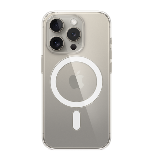 Transparent skal med MagSafe till iPhone 15 Pro. Skalet sitter på en iPhone 15 Pro i titan.
