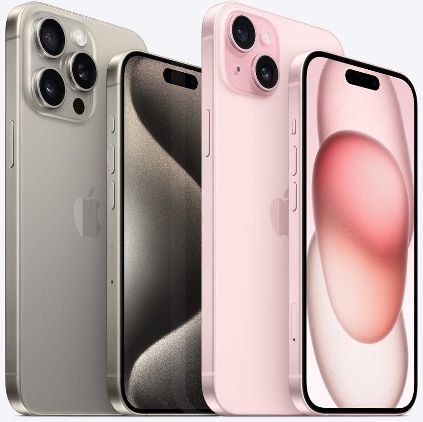 Eine Schrägansicht eines iPhone 15 Pro Max und iPhone 15 Pro in Titan Natur neben einem iPhone 15 Plus und iPhone 15 in Rosé.