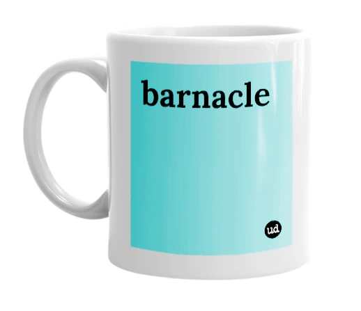White mug with 'barnacle' in bold black letters