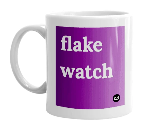 White mug with 'flake watch' in bold black letters
