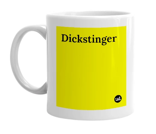 White mug with 'Dickstinger' in bold black letters