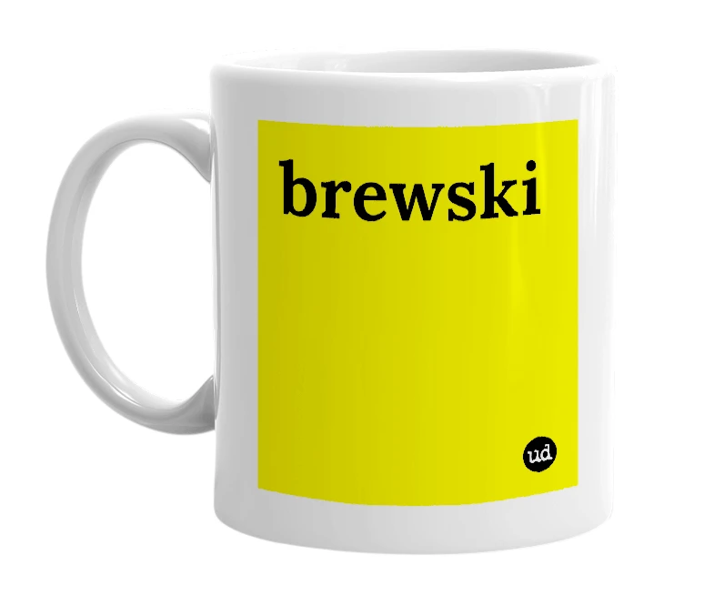 White mug with 'brewski' in bold black letters