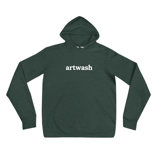Hoodie with the phrase 'artwash' printed on the front