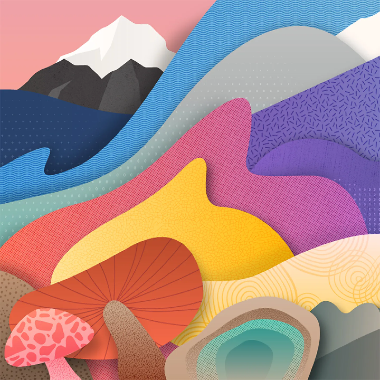 A colorful illustration of mountains and mushrooms.
