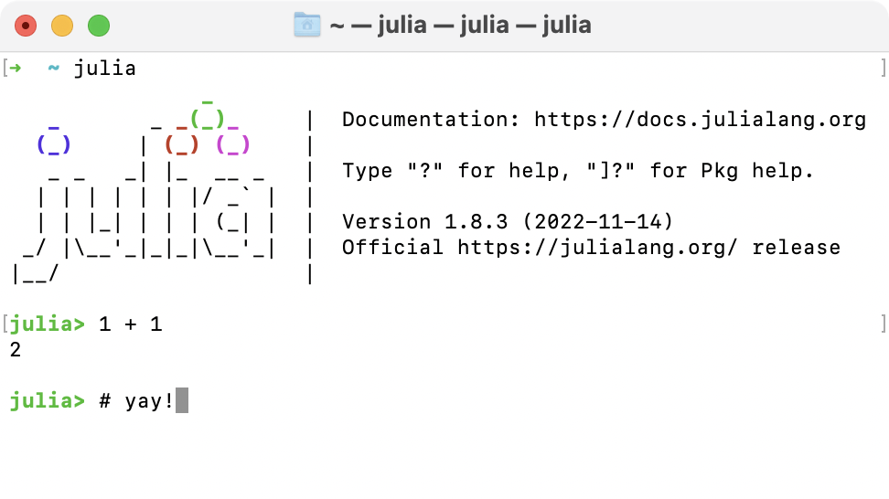 screenshot of the Julia REPL with 1+1 executed
