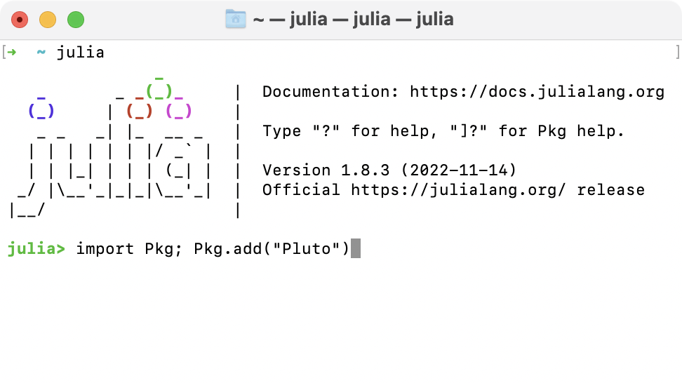 screenshot of the Julia REPL running the command import Pkg; Pkg.add("Pluto")