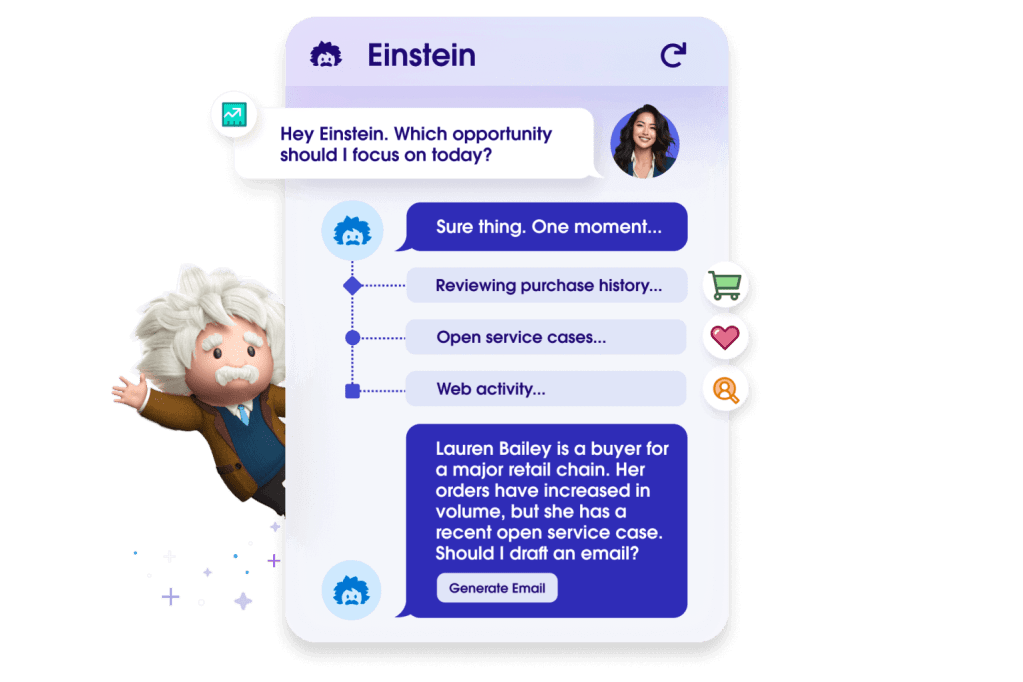 Einstein and a pop up message with a case support between  a customer and Einstein
