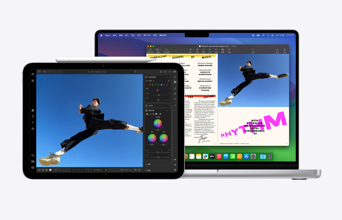 iPad 和 MacBook Pro 並排，展示用 iPad 編輯的照片可以放到 Mac 的 Pages 文件裡使用。