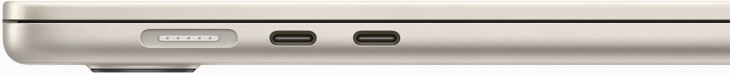 Vue de profil d’un MacBook Air montrant son port MagSafe et ses deux ports Thunderbolt