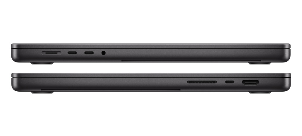 Image montrant les ports d’un MacBook Pro à puce M3 Pro ou M3 Max. Du côté gauche, le port MagSafe 3, deux ports Thunderbolt 4 et une prise pour écouteurs. Du côté droit, la fente pour carte SDXC, un port Thunderbolt 4 et un port HDMI.