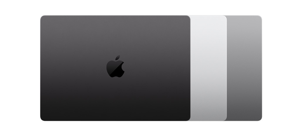 Image montrant les trois finis offerts pour MacBook Pro : noir infini, argent et gris cosmique