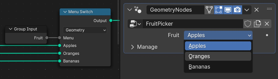 Items in Menu Switch node become a dropdown menu in the modifier.