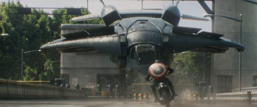 Rogers rides towards the Quinjet.