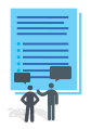 Graphic of two blue document icons. Two human figures stand in front of the icon with speech bubbles.