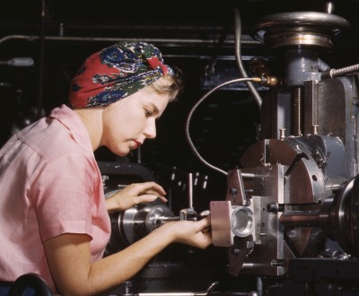 Women become skilled shop technicians after careful training in the school at the Douglas Aircraft Company plant, Long Beach, CA, photograph by  Alfred T. Palmer, 1942. Library of Congress.