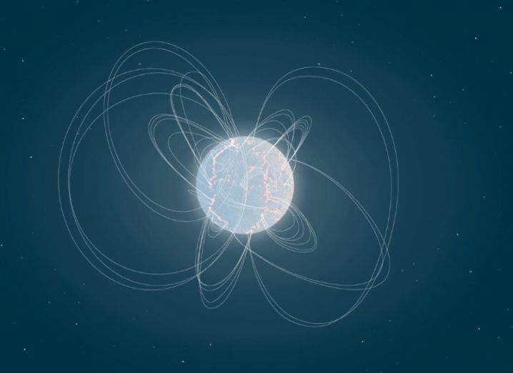 An illustration of a neutron star with multiple lines around it, which are there to show its magnetic field.