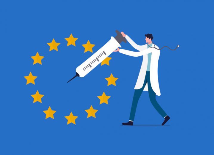 Illustration of a researcher holding a syringe in front of an EU flag.