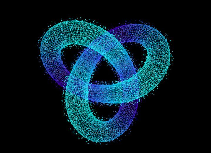 A 3D geometric trefoil knot illustration in blue-green against a black background.