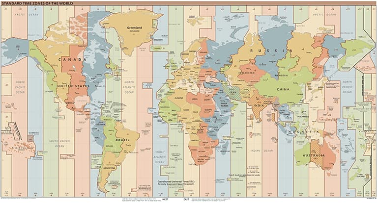 Weltkarte mit Zeitzonen: Zeitverschiebung auf dem Globus / der Weltkugel